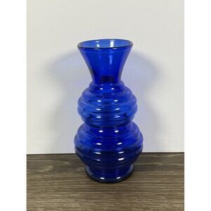 Vintage Cobalt Blue Glass Vase USA Marked Mid Century Modern Ribbed 6"